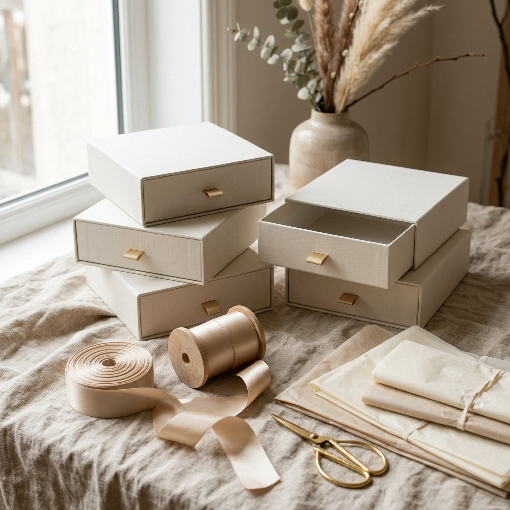 Empty gift box and rolls of satin ribbons