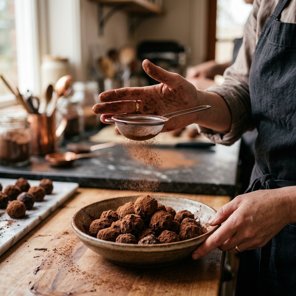 Master chocolatier dusting fine cocoa truffles